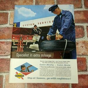 1961 Sunoco Specialist in Extra Mileage Tire Repair Automotive Svc- Vtg PRINT AD